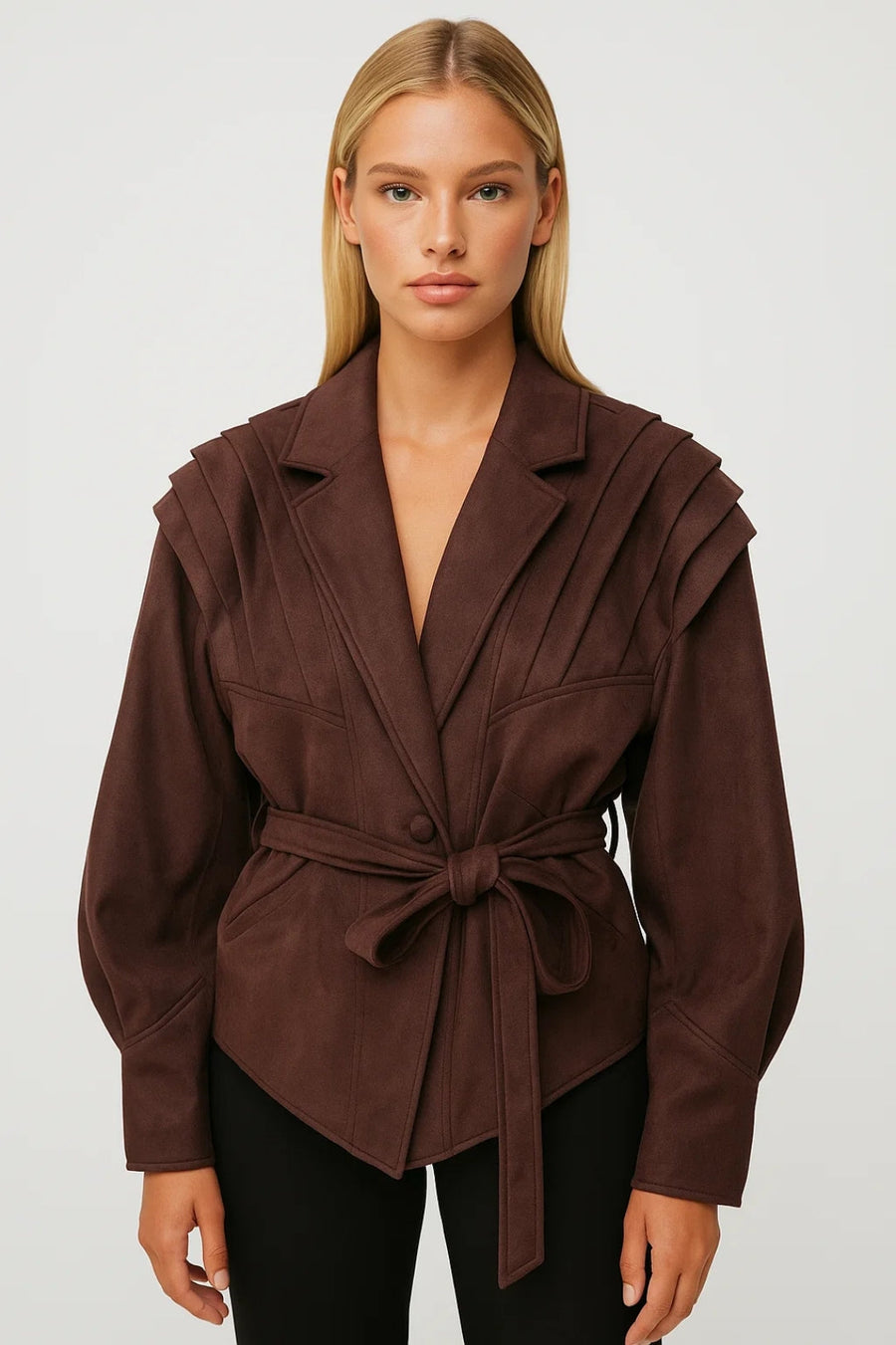 FREDERICA | BELTED PLEATED SHOULDER TAILORED JACKET