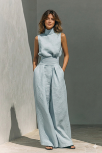 Women's Cotton Linen Two-Piece Set High Neck