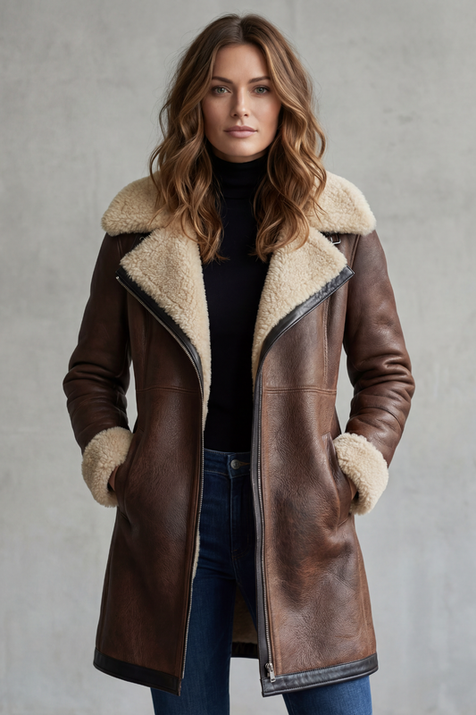 ISLA | LEATHER SHEARLING LINED LONGLINE COAT