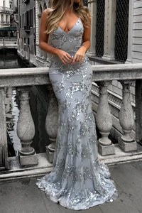 Sequin V Neck Backless Maxi Dress