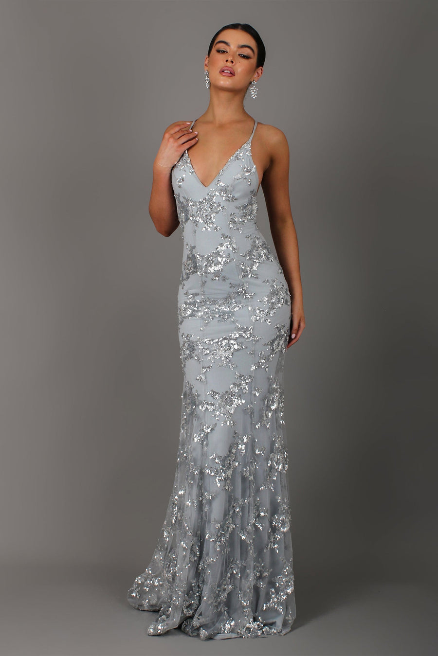 Sequin V Neck Backless Maxi Dress