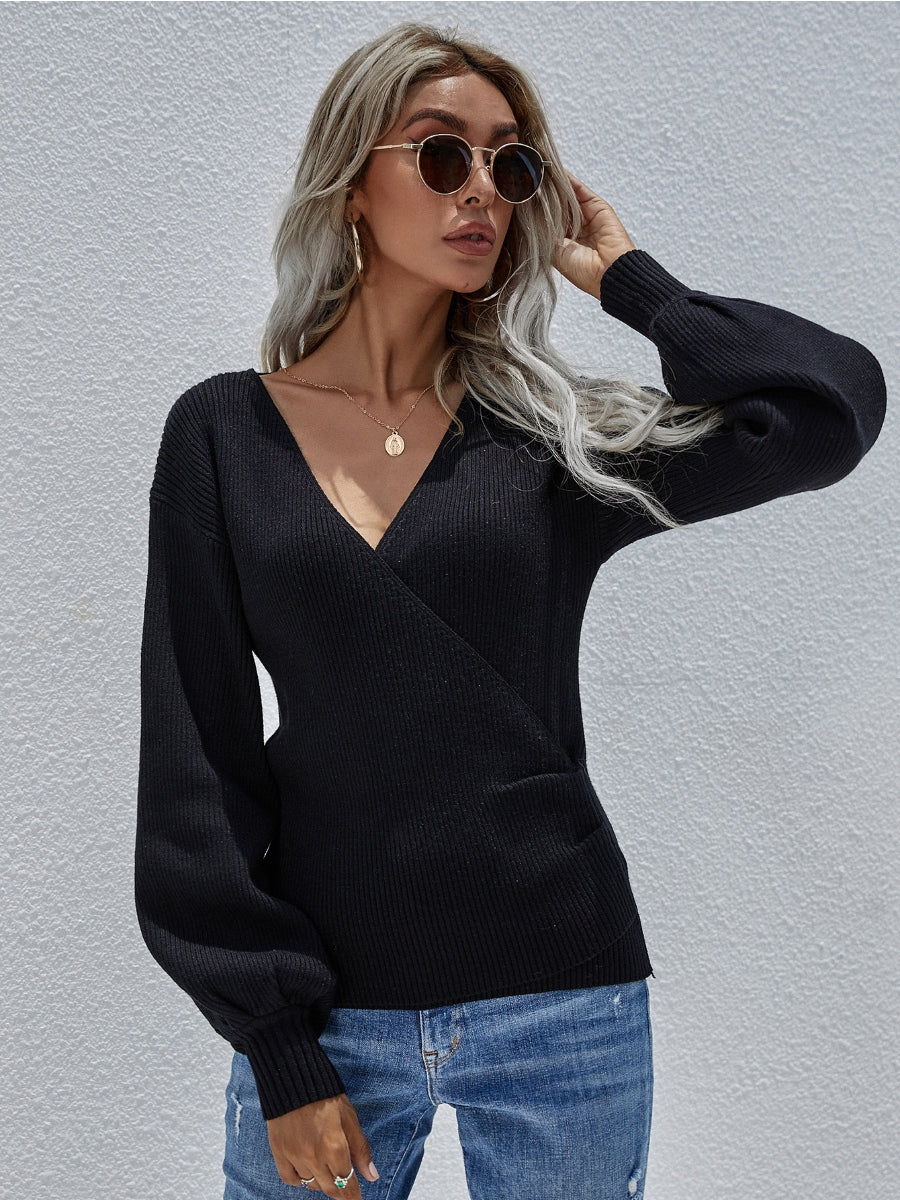 Margot Wrap Knit Top with Lantern Sleeves