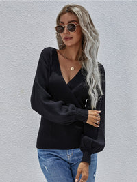 Margot Wrap Knit Top with Lantern Sleeves
