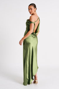 Yvette Asymmetrical Slip Maxi Dress in Emerald
