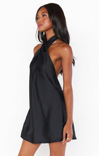 Jasmine Halter Mini Dress in Black Luxe Satin
