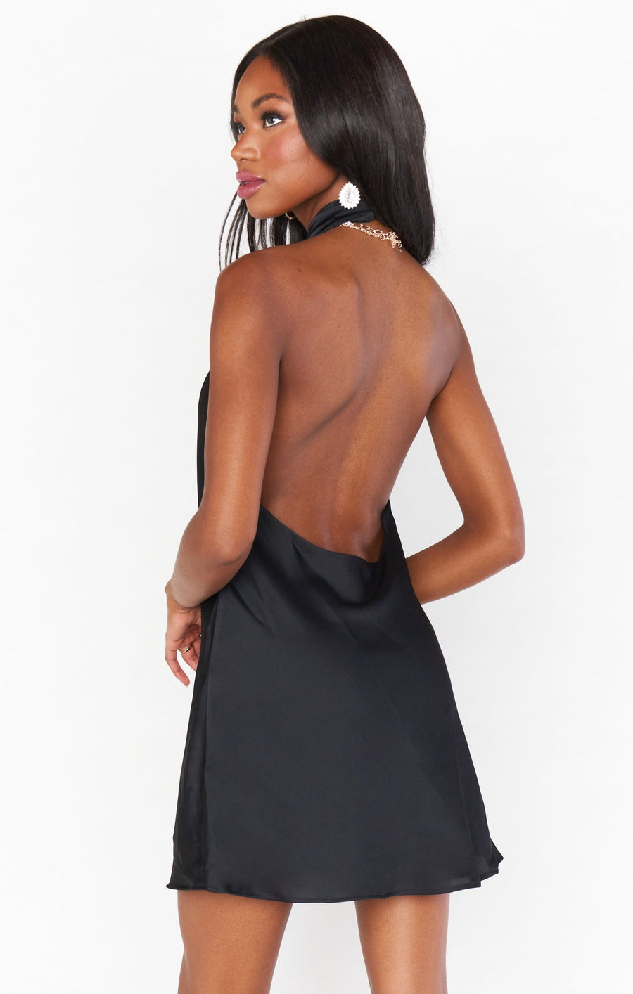 Jasmine Halter Mini Dress in Black Luxe Satin