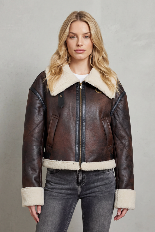 MAGEN | SHEARLING TRIM CROPPED AVIATOR JACKET