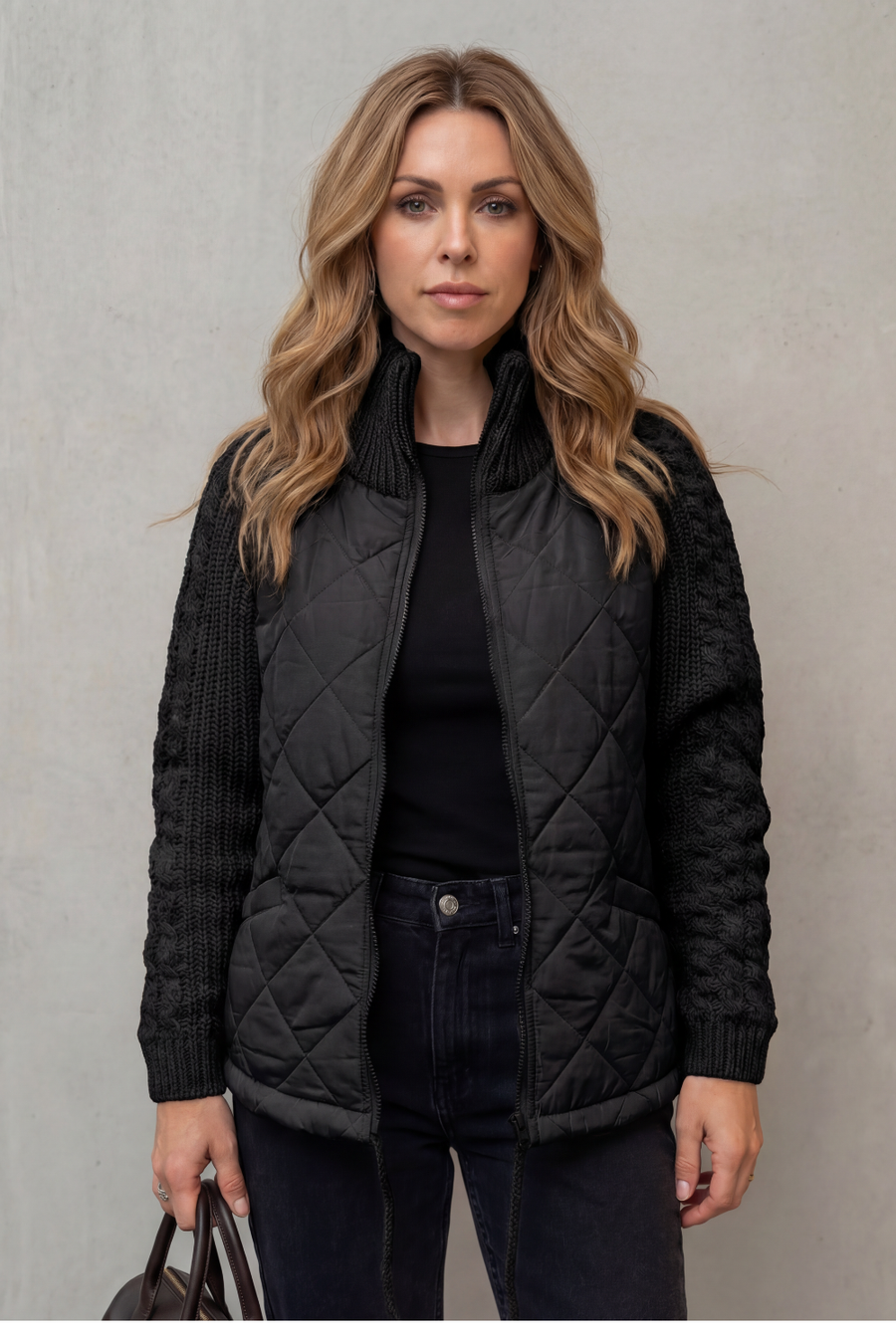 NORCETTA | QUILTED CABLE KNIT SLEEVE ZIP UP JACKET