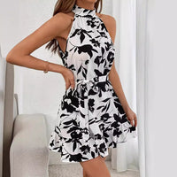 Women's Halter Stitching Sleeveless Ruffled Tied Waist Trimming Dresses