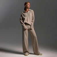 Women's Knit Set with Polo Collar Top and Wide-Leg Trousers