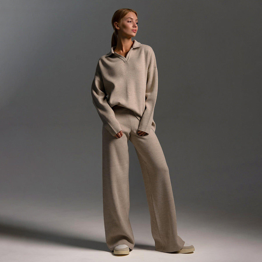 Women's Knit Set with Polo Collar Top and Wide-Leg Trousers