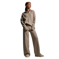 Women's Knit Set with Polo Collar Top and Wide-Leg Trousers
