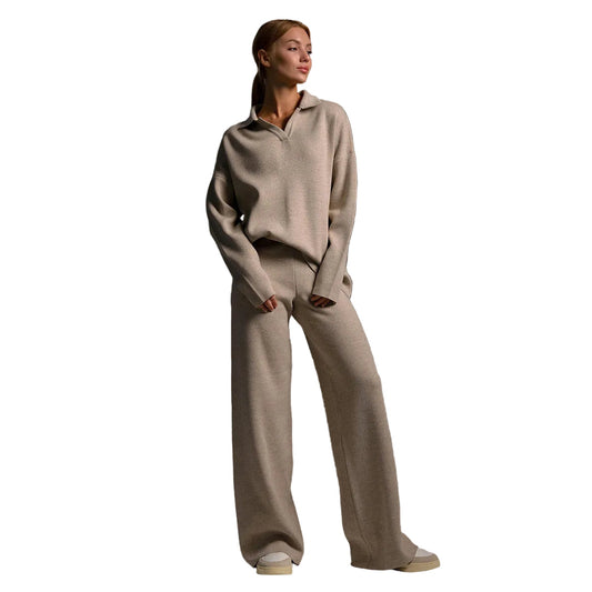 Women's Knit Set with Polo Collar Top and Wide-Leg Trousers