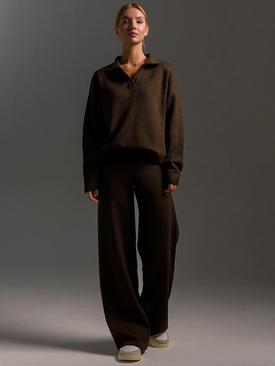 Women's Knit Set with Polo Collar Top and Wide-Leg Trousers