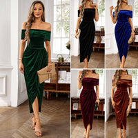 Dili Silk Dress 2025 Autumn and Winter Temperament Elegant One Word Shoulder Dress