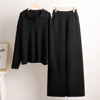 Women's Knit Set with Polo Collar Top and Wide-Leg Trousers