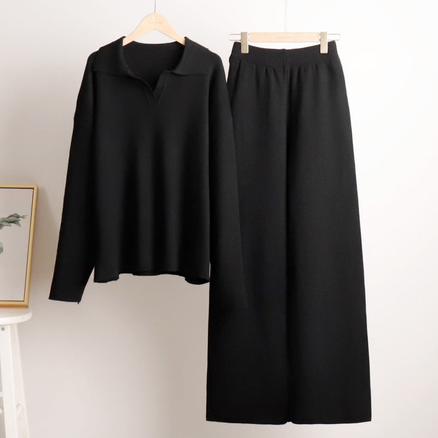 Women's Knit Set with Polo Collar Top and Wide-Leg Trousers