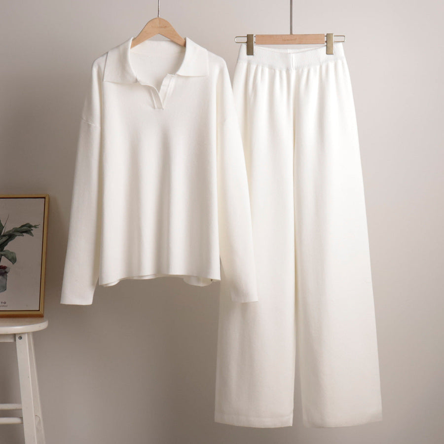Women's Knit Set with Polo Collar Top and Wide-Leg Trousers