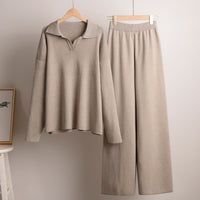 Women's Knit Set with Polo Collar Top and Wide-Leg Trousers