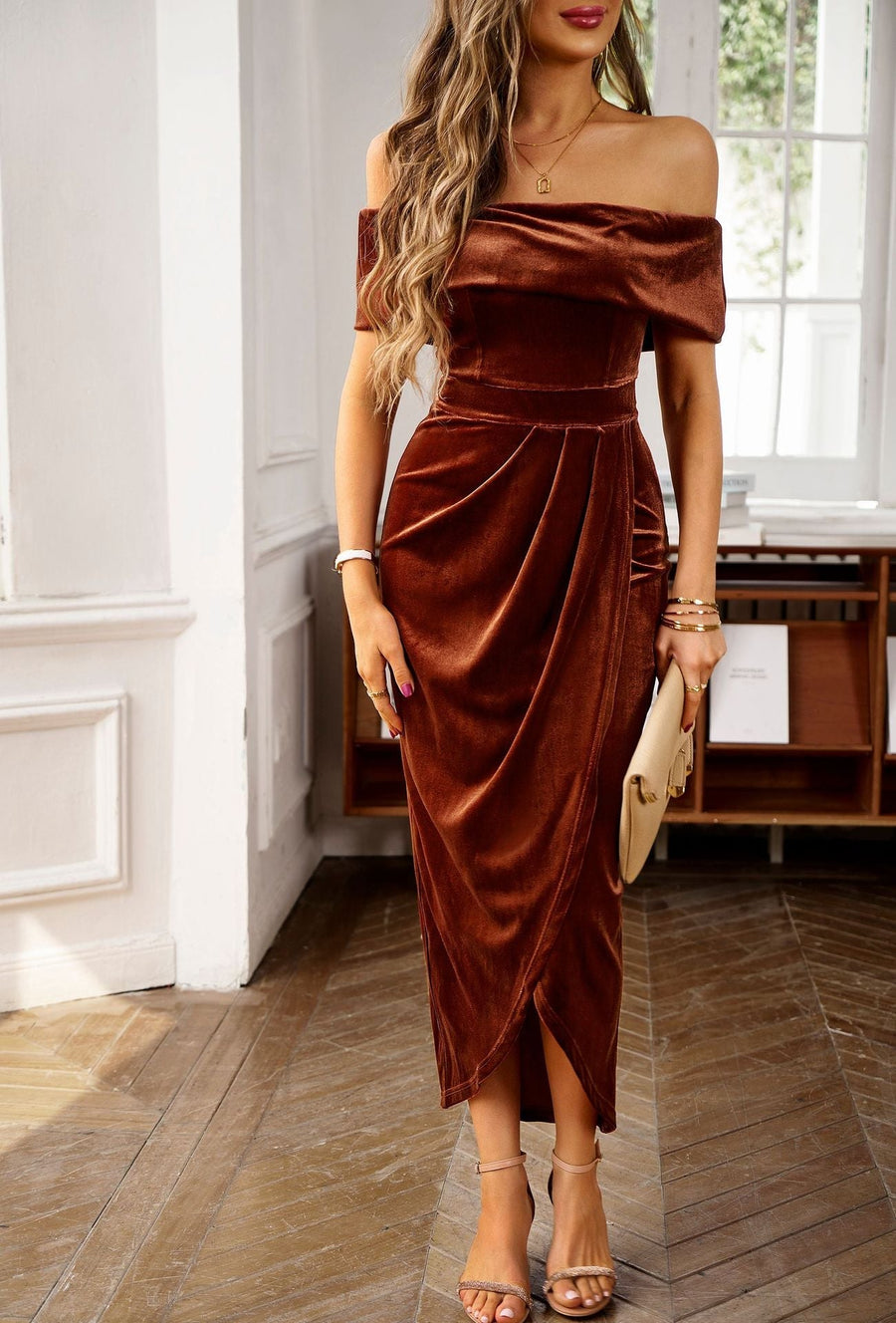 Dili Silk Dress 2025 Autumn and Winter Temperament Elegant One Word Shoulder Dress