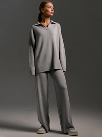 Women's Knit Set with Polo Collar Top and Wide-Leg Trousers