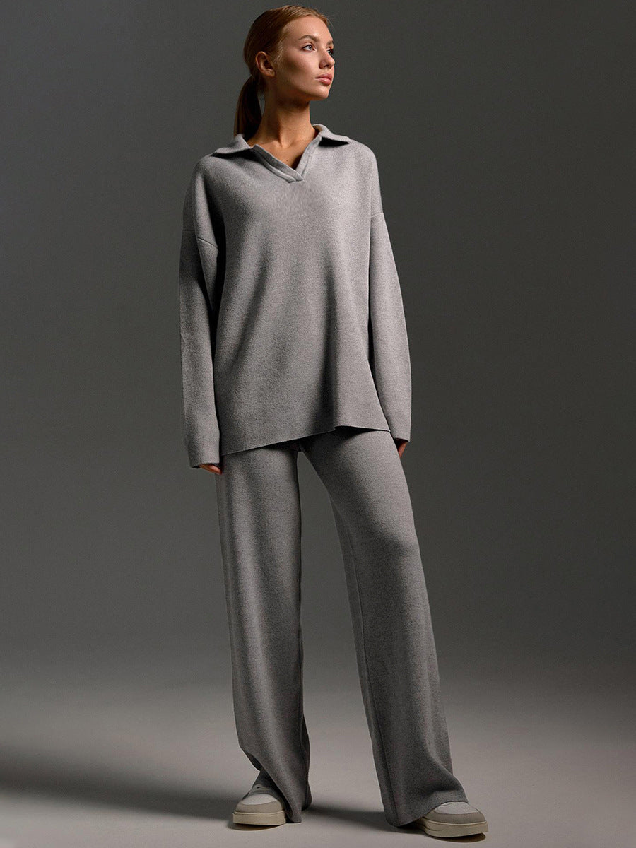 Women's Knit Set with Polo Collar Top and Wide-Leg Trousers