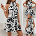 Women's Halter Stitching Sleeveless Ruffled Tied Waist Trimming Dresses