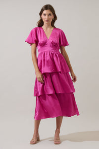 Mendice Satin Tiered Midi Dress