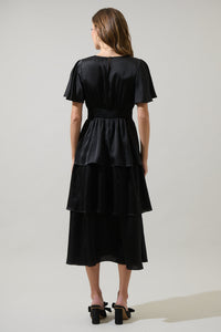 Mendice Satin Tiered Midi Dress
