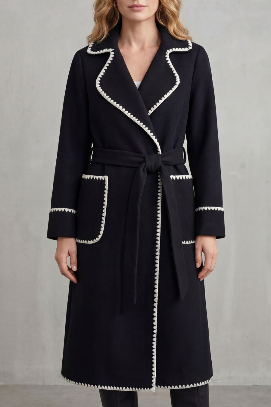 OLIVIA | CONTRAST TRIM BELTED LONGLINE WRAP COAT