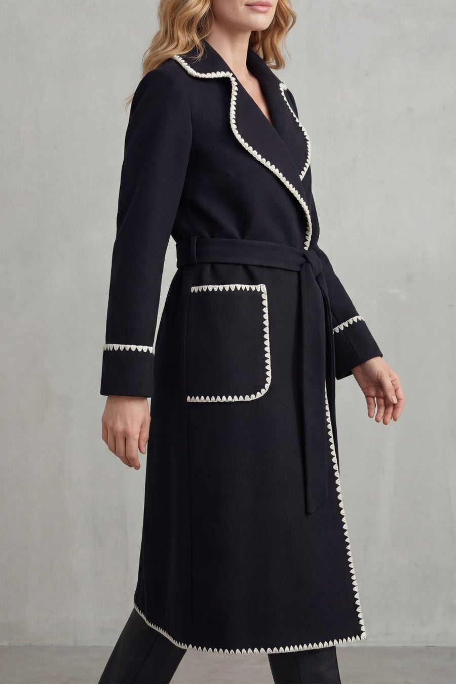 OLIVIA | CONTRAST TRIM BELTED LONGLINE WRAP COAT