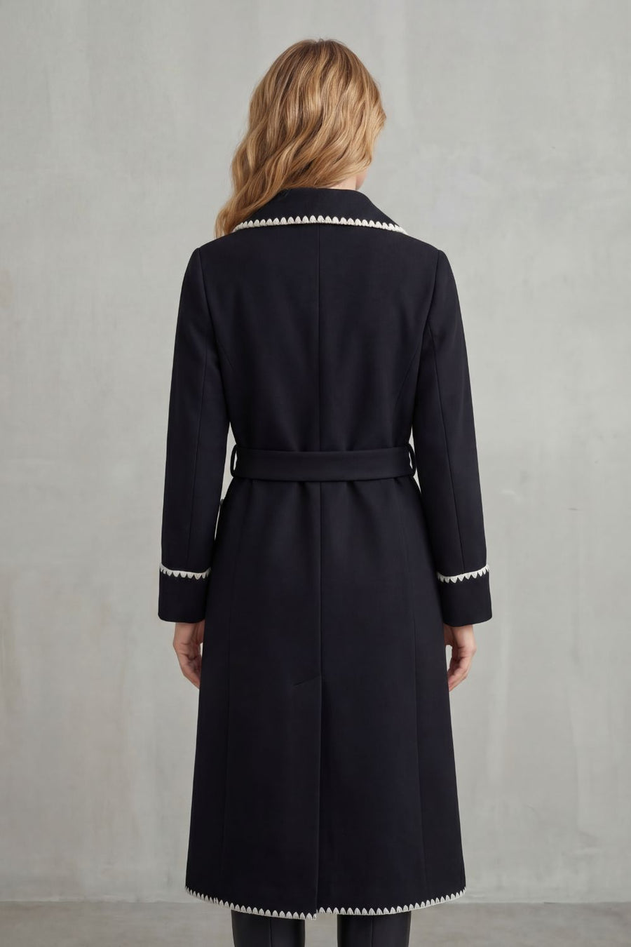 OLIVIA | CONTRAST TRIM BELTED LONGLINE WRAP COAT