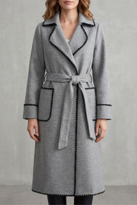 OLIVIA | CONTRAST TRIM BELTED LONGLINE WRAP COAT