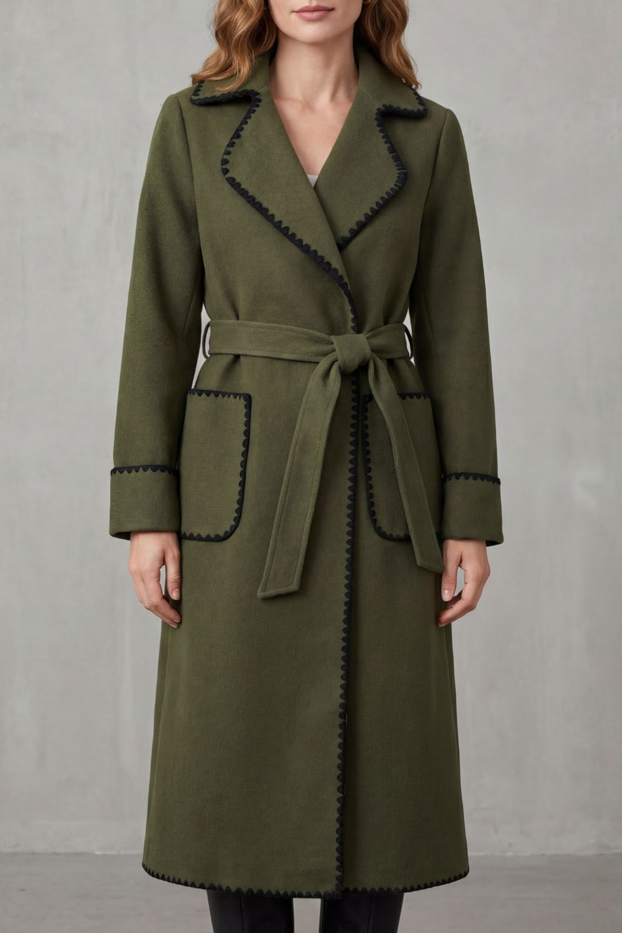 OLIVIA | CONTRAST TRIM BELTED LONGLINE WRAP COAT