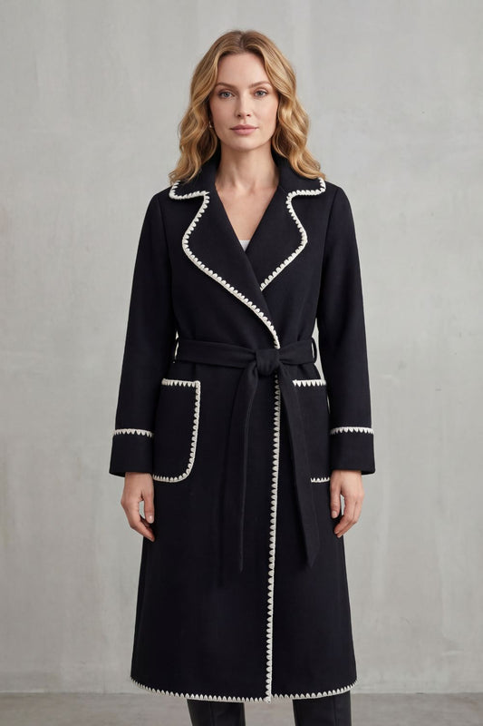 OLIVIA | CONTRAST TRIM BELTED LONGLINE WRAP COAT