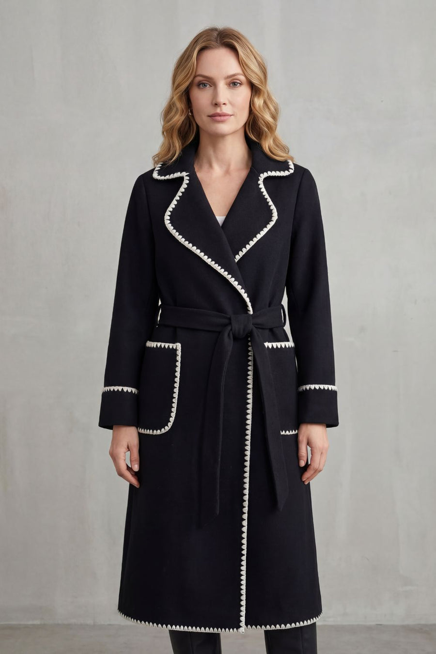 OLIVIA | CONTRAST TRIM BELTED LONGLINE WRAP COAT