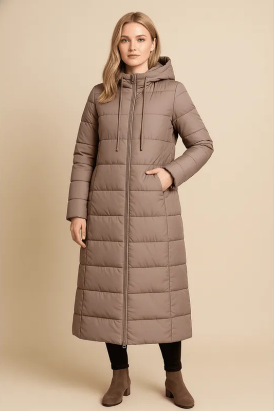 RHEA | HOODED QUILTED LONGLINE PUFFER COAT