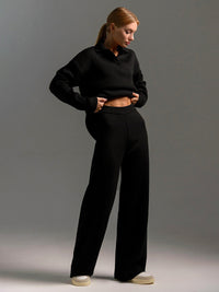 Women's Knit Set with Polo Collar Top and Wide-Leg Trousers