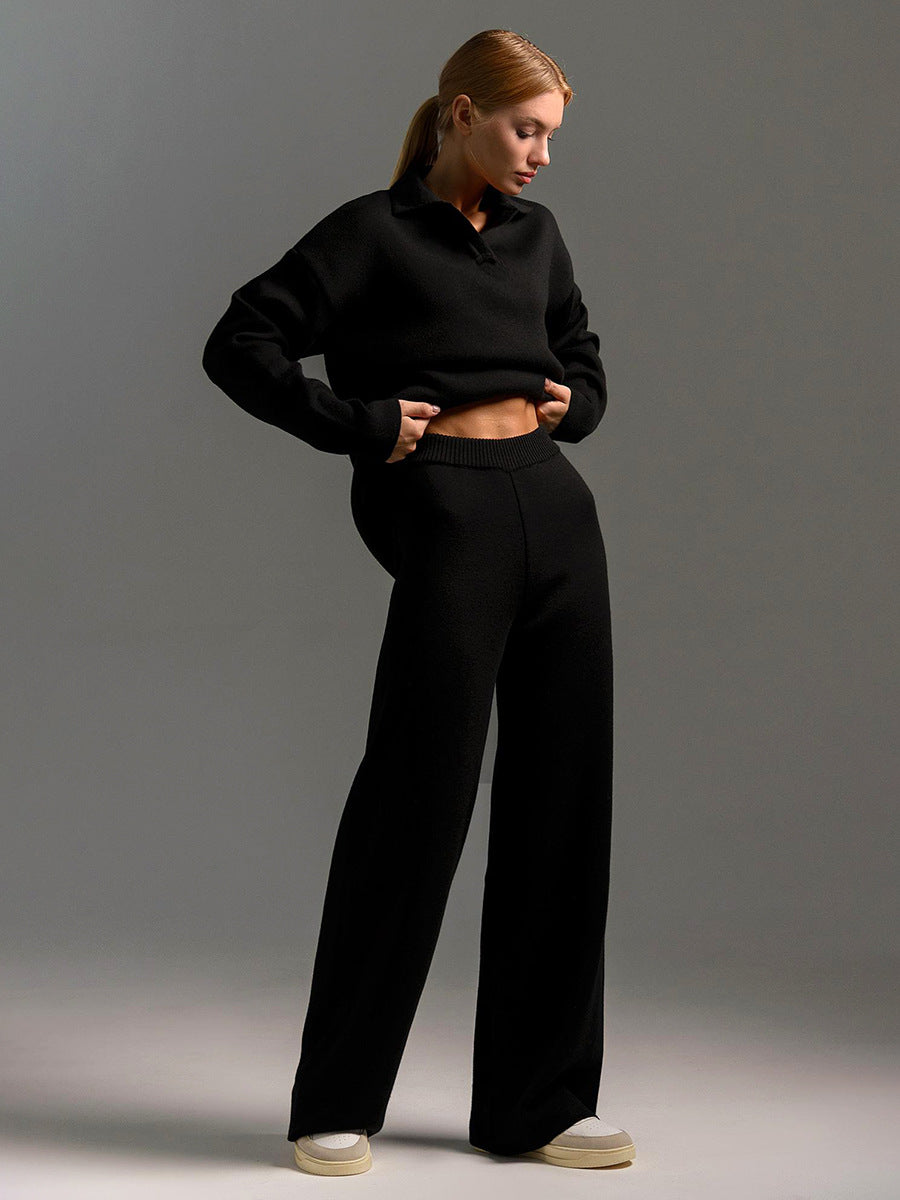 Women's Knit Set with Polo Collar Top and Wide-Leg Trousers