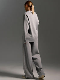 Women's Knit Set with Polo Collar Top and Wide-Leg Trousers