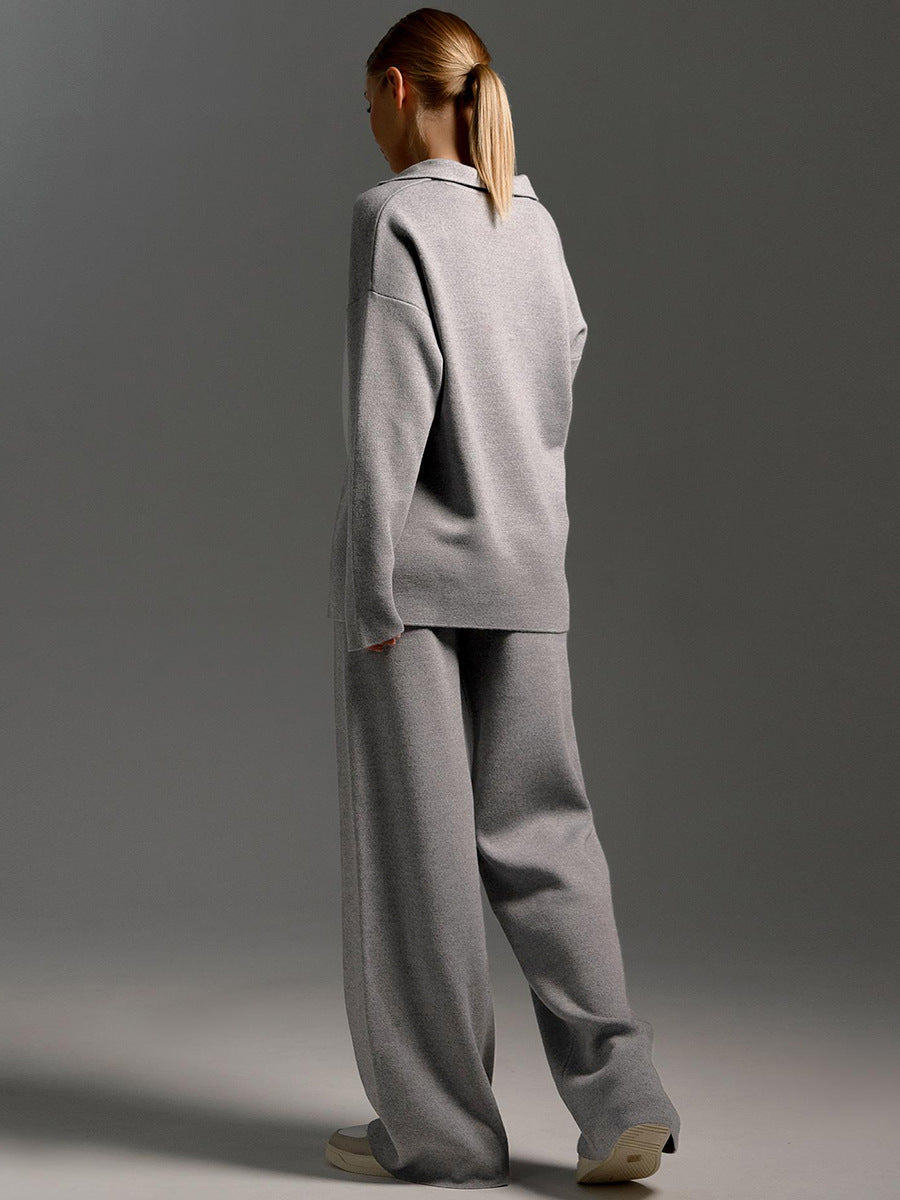 Women's Knit Set with Polo Collar Top and Wide-Leg Trousers