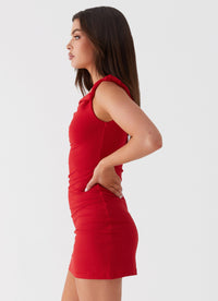 Arabella Twist-Shoulder Mini Dress in Crimson