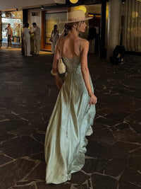 Sage Mermaid Satin Spaghetti Straps Long Prom Dresses