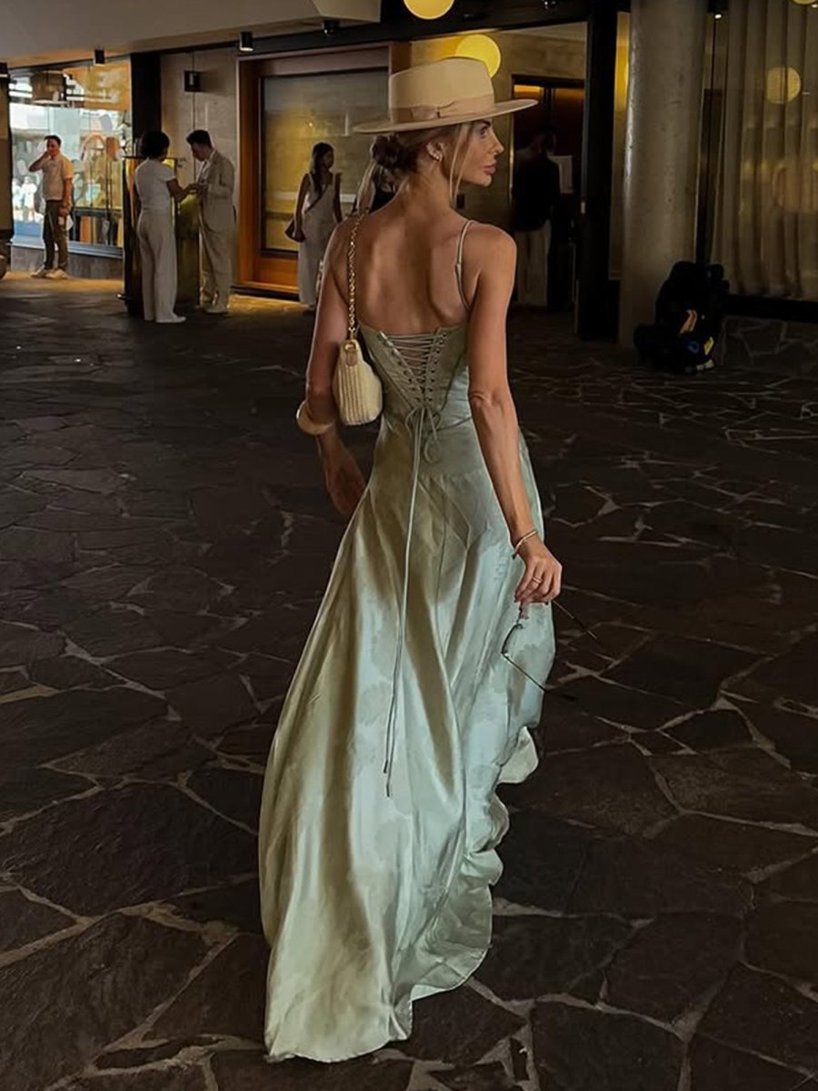 Sage Mermaid Satin Spaghetti Straps Long Prom Dresses