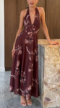 Skye Floral Maxi Dress in Chocolate