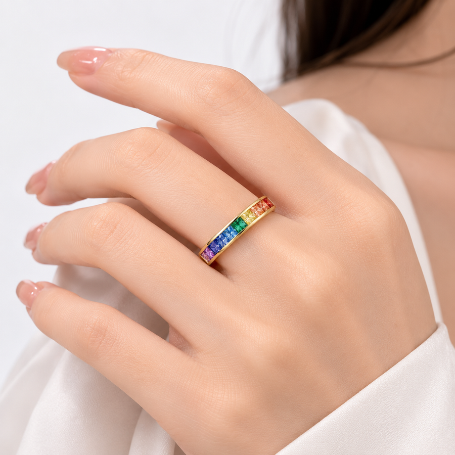 Rainbow Crystal Rose Gold Band Ring