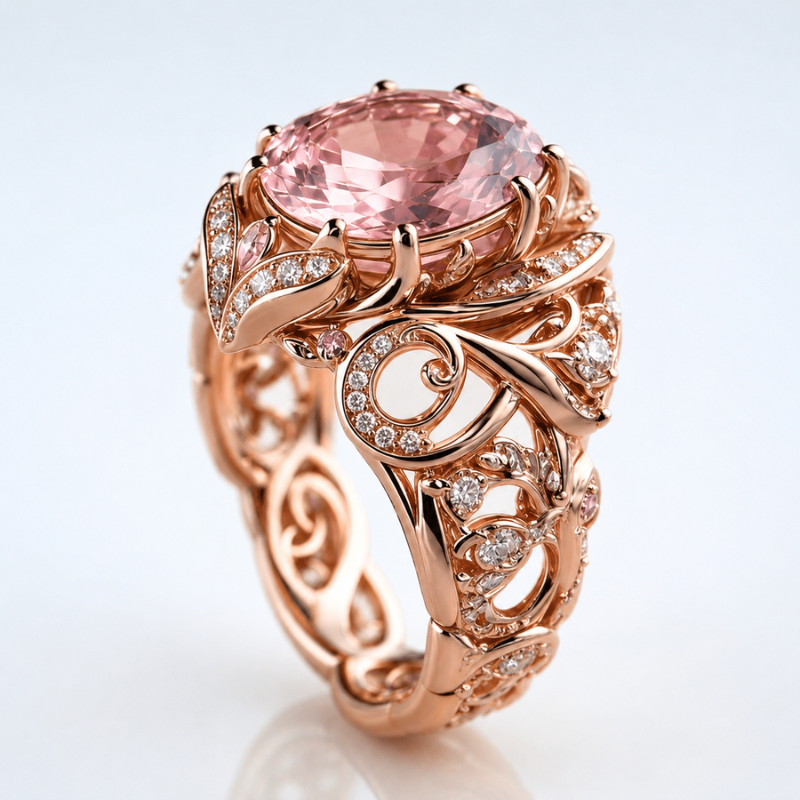 Rose Gold Tourmaline Ornate Ring