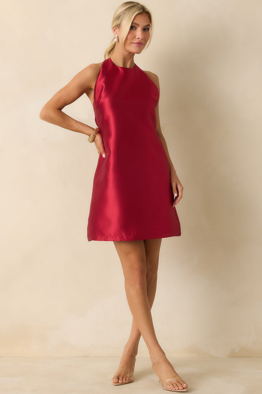 Vivienne Red Satin Halter Mini Dress