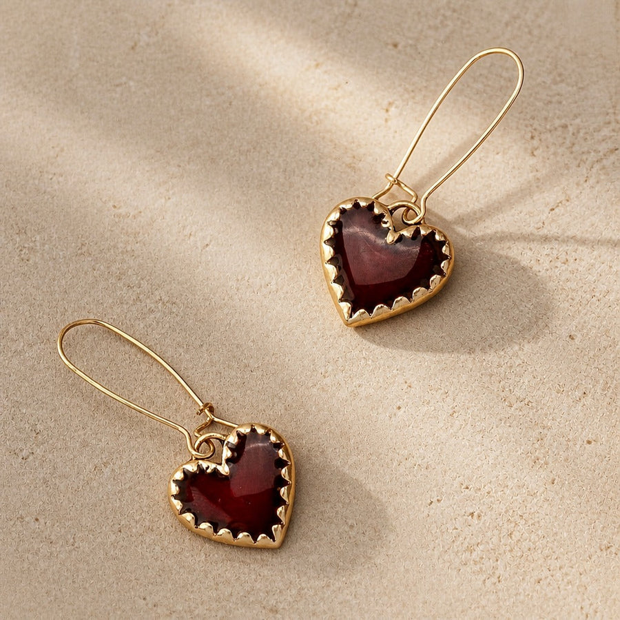 Red Heard Dangle Gold Earrings