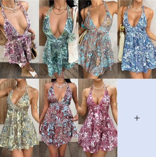 Swimwear Women's Deep V Neck Halter Neck Backless Design Pareo Tiered Ruffle Skirt Beach